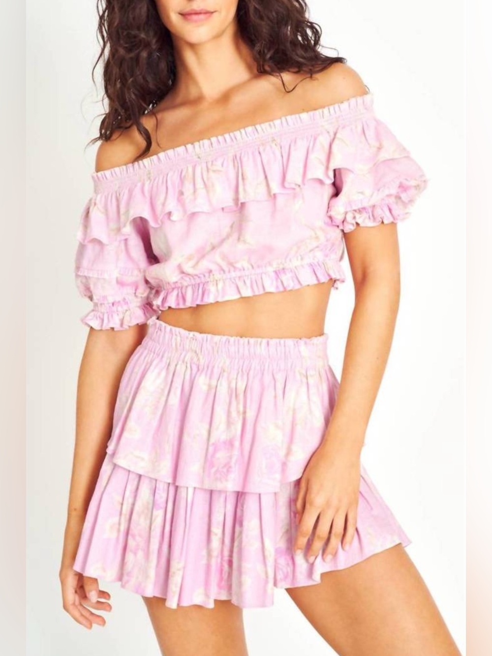 LoveShackFancy Audrille Crop Top & Ruffle Mini Skirt Set NWT Powder Pink XS